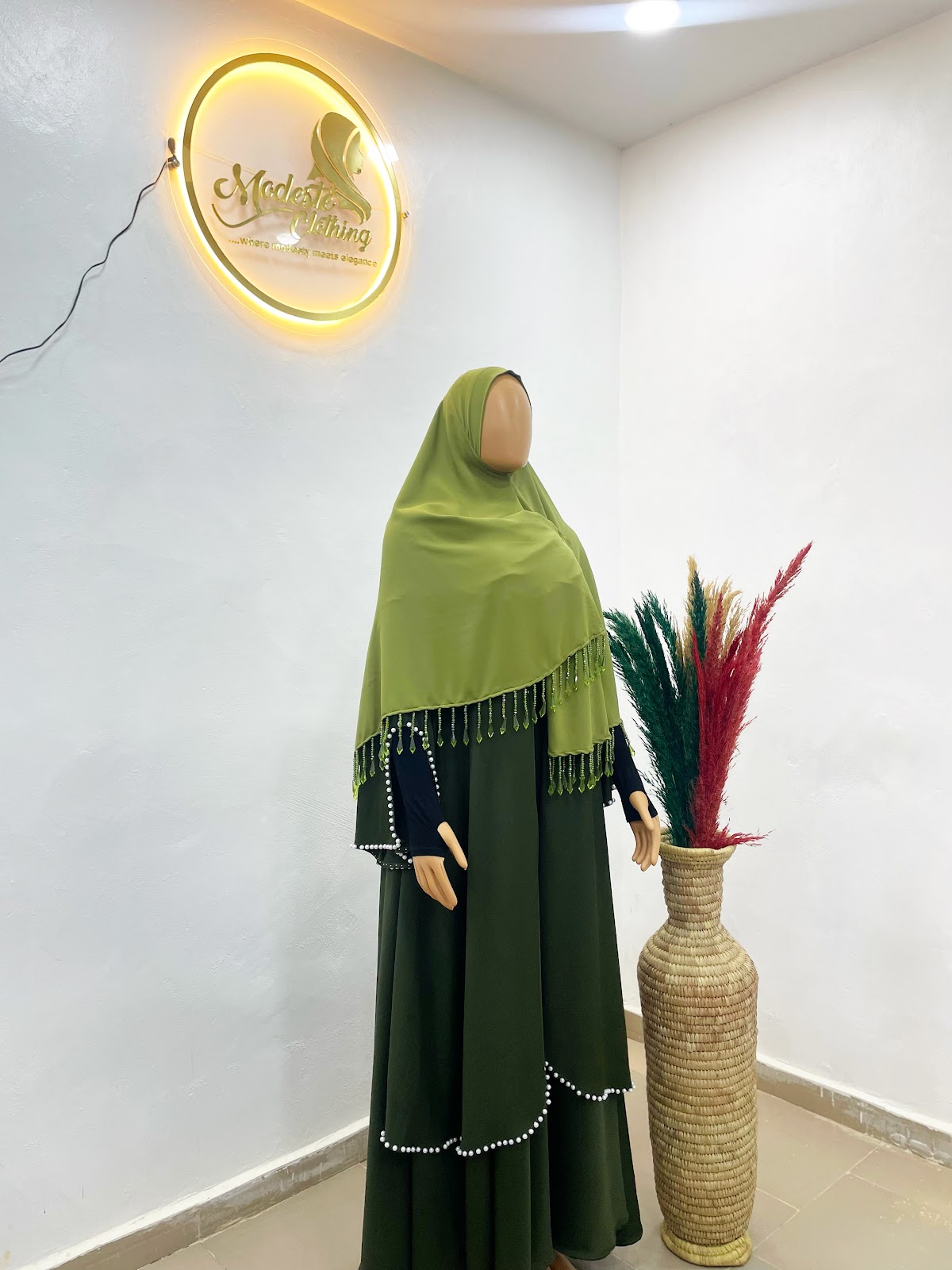 Modeste beaded fringe khimar & deep green abaya