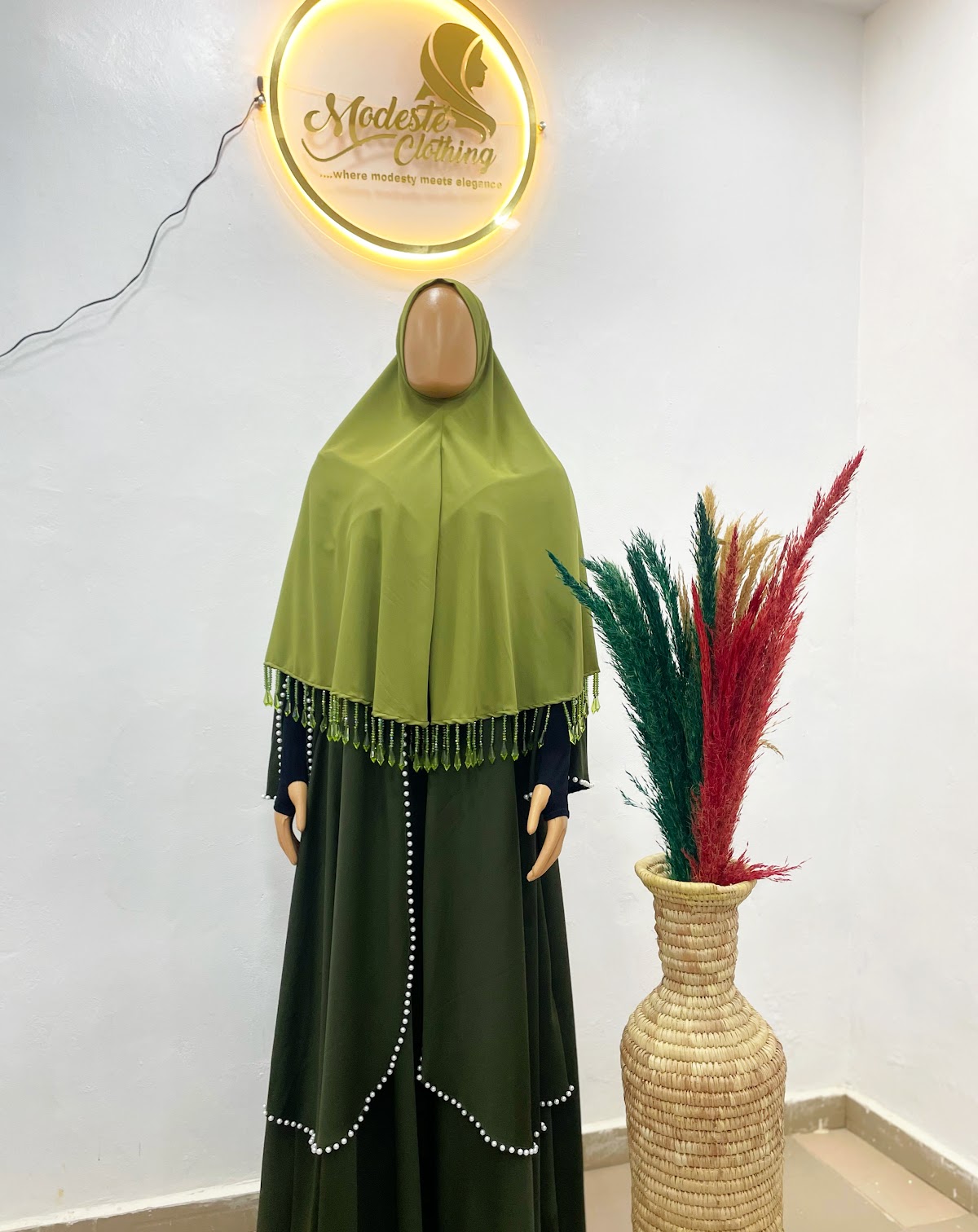 Modeste beaded fringe tied khimar front display