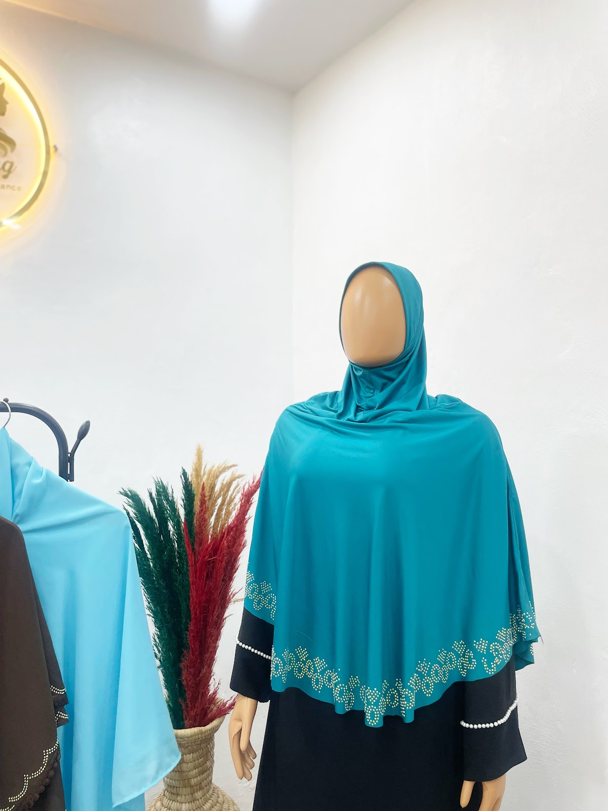 Modeste teal embroidered scallop tied khimar